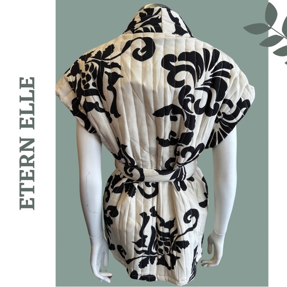 Etern Elle Black and White Patterned Vest Quilted Tie Waist Cap Sleeve Large XL - Picture 5 of 8